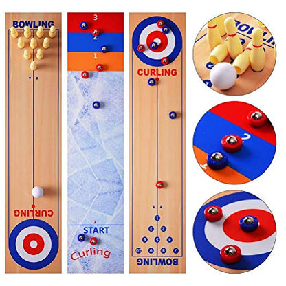 3 in 1 Shuffleboard Bowling Game Table Set for Family | 3 in 1 shuffleboard, bowling & curling set.Smooth playing surface. Quick assembly.Full accessory set.Perfect for home parties