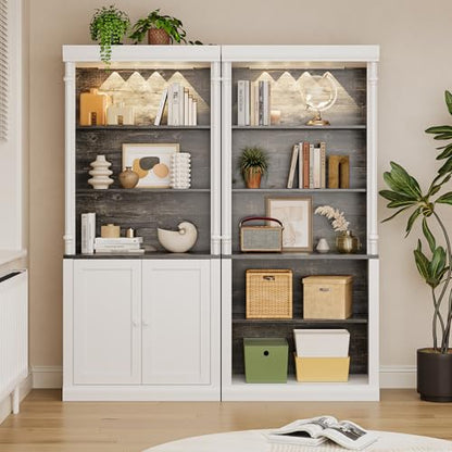 GarveeHome Tall Storage Bookcase with 3-Tier Open Shelves and Double Door, Roman Column Design and 4 Adjustable Lights, White & Black Wood Grain Display Storage Cabinet for Home Office, Living Room