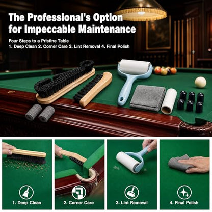 6 Piece Pool Table Cleaning Kit Professional Billiard Felt Cleaner Rail Brush Set with Wooden Brushes Cue Cloths Ferrule Polish Cloths and Sticky Lint Roller for Table Care