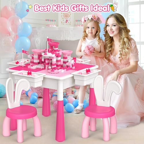 OCATO Kids Toddler Table and Chair Set: Water Table Activity Tables with 152Pcs Large Marble Run Building Blocks 2 Rabbit Chairs Storage All in One Play Sensory Sand Tables 3-6 Year Old Girl Toy Gift - color: Pink