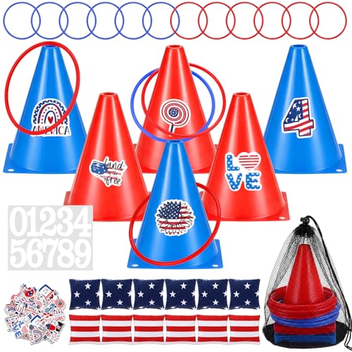 RoundFunny 12set 3 in 1 Independence Day Ring Toss Game Set, Carnival Game Kit with Cones, Rings, Bean Bags & Storage Bag, Includes for DIY Toss Games, Birthday Party, Carnival - style: Independence Day