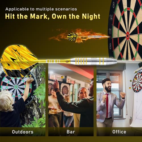 XAWU 3 Pack Steel Tip Darts Set Professional Darts 22g, 24g with 9 Dart Flights 3 Aluminum Shafts 3 Spare Shafts 1 Dart Sharpener 12 Rubber O-Rings Flight Protector and Darts Case - color: 24g Moonlight Yellow