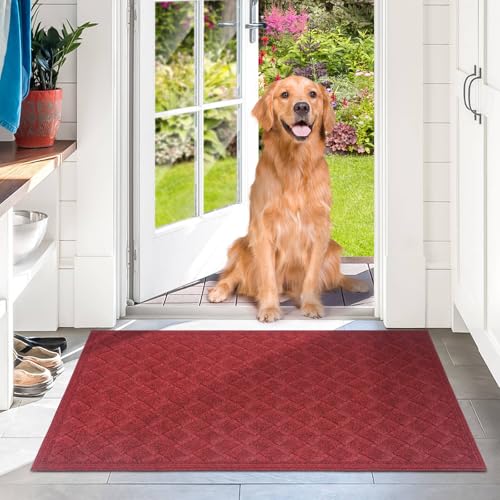 BZ32 Heavy Duty Front Door Mats Non Slip Rubber Backing Entrance Mat Shoes Scraper Welcome Mat - color: 24" X 36" Weave Burgundy【regular Door】