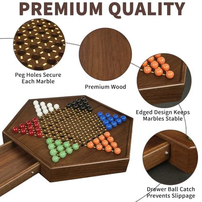 Chinese Checkers Board Game - 15” Large Wooden Checkers Game with Storage Drawer, 16mm Glass Marbles (60 + 12 Extras), Classic Family Strategy Game for 2-6 Players - size: 15"