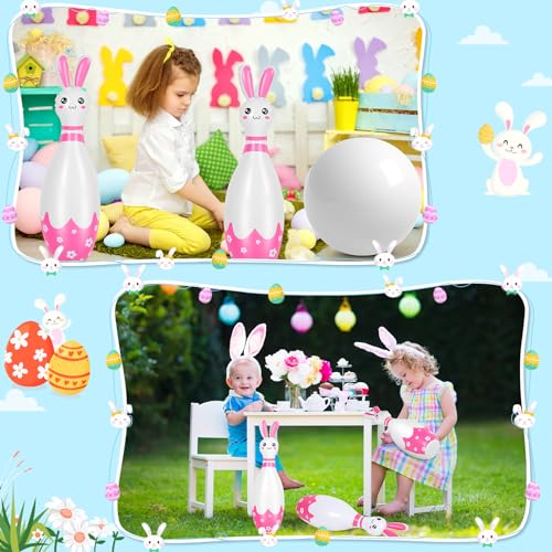 Foilswirl 12 Pcs Kids Easter Bunny Bowling Set with 10 Bunny Bowling Pins and 2 Balls Inflatable Easter Bunny Games and Toys for Girls Boys Indoor Outdoor Party Event Family Holiday Activity