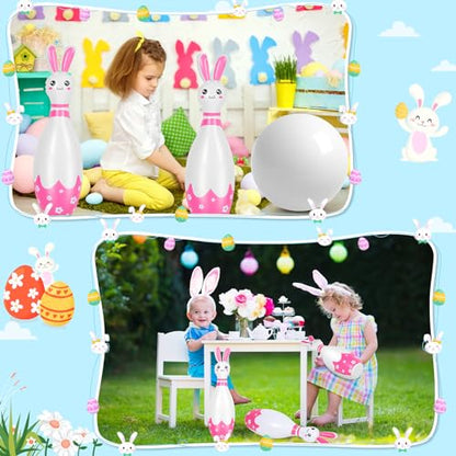 Foilswirl 12 Pcs Kids Easter Bunny Bowling Set with 10 Bunny Bowling Pins and 2 Balls Inflatable Easter Bunny Games and Toys for Girls Boys Indoor Outdoor Party Event Family Holiday Activity