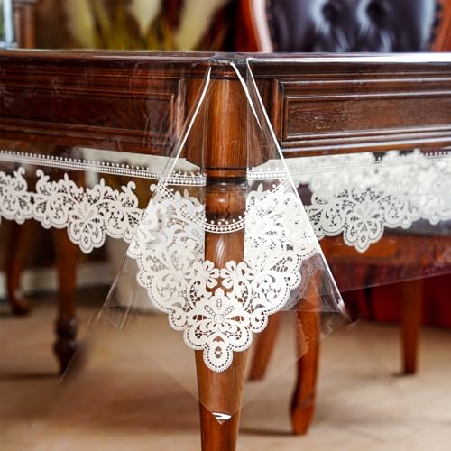 ARTABLE Clear Table Cloth Protector Vinyl PVC Rectangle with Floral Print Pattern Oil Proof Wipe-able Plastic Tablecloths for Dining Tables Parties Holidays (Lace-2, 70" x 52" (Rectangular)) - color: Lace-2, size: 70" x 52" (Rectangular)