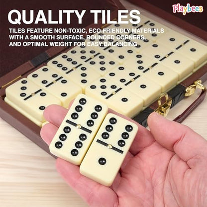 Playbees Jumbo Double Six Dominoes Set - 28 White Classic Tiles in Faux Leather Case - Fun Educational Toy for Kids, Boys, Girls, Classroom Kit, Classic Game Night Party Favors Set, Travel-Friendly - size: Ivory, style: Classic