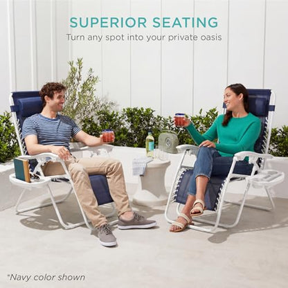 Best Choice Products Set of 2 Adjustable Steel Mesh Zero Gravity Lounge Chair Recliners w/Pillows and Cup Holder Trays - Black/White - color: Black/White, size: Standard