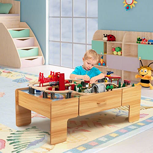 Costzon 2-in-1 Wooden Train Table with Storage Drawer | Kids Activity Table w/ 100 Pieces Railway, Track, Cars, City, DIY Design, Reversible Tabletop, Gift for Boys Girls - size: 48" x 24.5" x 16" (L x W x H)