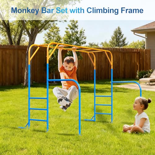 Monkey Bars for Kids, Outdoor Monkey Bar Set with Climbing Frame, Heavy-Duty Metal Playground Climbing Playset for Backyard, Kids Jungle Gym for Aged 3+