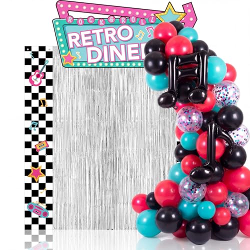 Peryiter 87 Pcs 50's Retro Diner Party Decorations Set Checkerboard Backdrop Banner Fringe Curtain Balloon Arch Kit with Music Note Toppers 1950s Rock Roll Supplies for Birthday Sock Hop Party - style: 50's