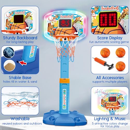 Toddler Basketball Hoop Indoor for Age 1-3, Kids Basketball Hoop with Led Light Scoreboard, Adjustable Basketball Goal with 3 Balls, Outdoor Sport Toy for 1 2 3 4 Year Old Baby Boy Girl Birthday Gift