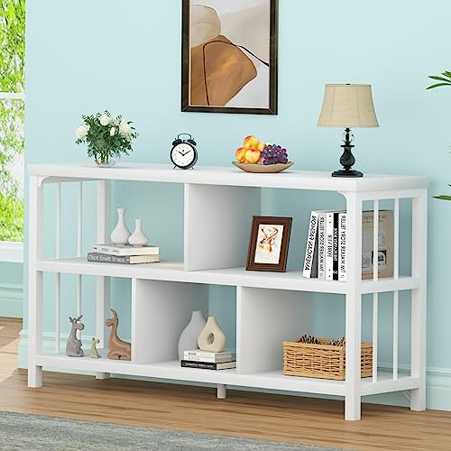 IBF White Wood Bookshelf, Industrial Horizontal Cubby Book Shelf, Low Open Shelf Bookcase for Office Living Room, Modern Short Wide 5 Cube Storage Organizer for Books Display Bedroom, White Oak, 47 In - color: White Oak, size: 47 inch