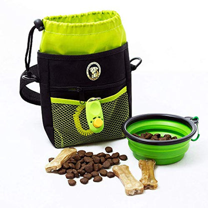 Dog Treat Pouch for Training & Walking, Pet Treat Bag with Poop Bag Dispenser, Pro Clicker, Collapsible Travel Bowl & Reflective Shoulder Strap - Black/Green