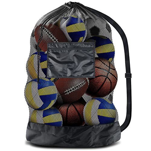 BROTOU Thickened Extra Large Sports Ball Bag Mesh Socce Ball Bag Heavy Duty Drawstring Bags Team Work for Holding Basketball, Volleyball, Baseball, Swimming Gear with Shoulder Strap - size: 24" x 36"