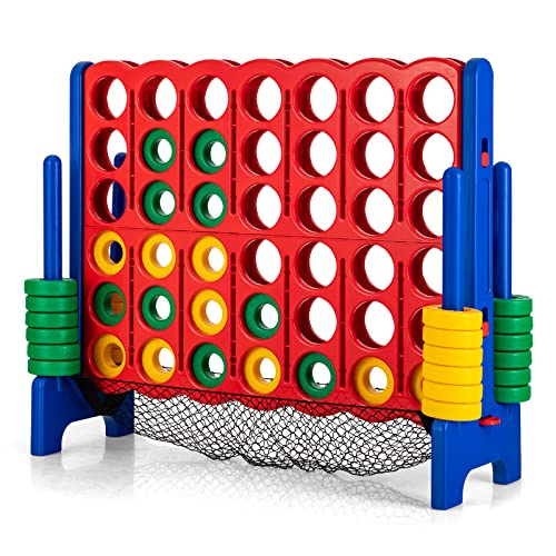 Costzon Giant 4-in-A-Row, Jumbo 4-to-Score Giant Game Set for Kids & Adults, Indoor Outdoor Yard Connect Game, 3.5FT Tall with 42 Jumbo Rings & Quick-Release Slider, Perfect for Family & Party Games - color: With Mesh Net