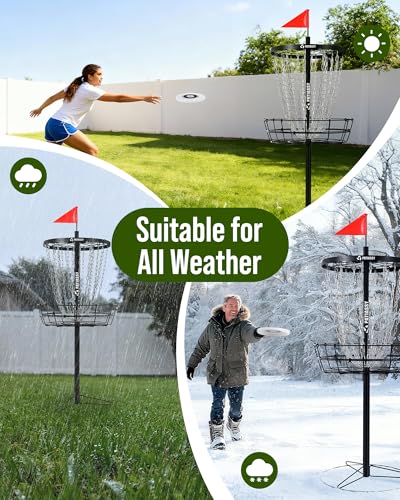 Disc Golf Basket with 24/12 Heavy Duty Chains, Disc Golf Target with Adjustable Height/Sound Reducer & Remote LED Light & Light Up Discs, Durable Practice Goal with Ground Stake for Backyard