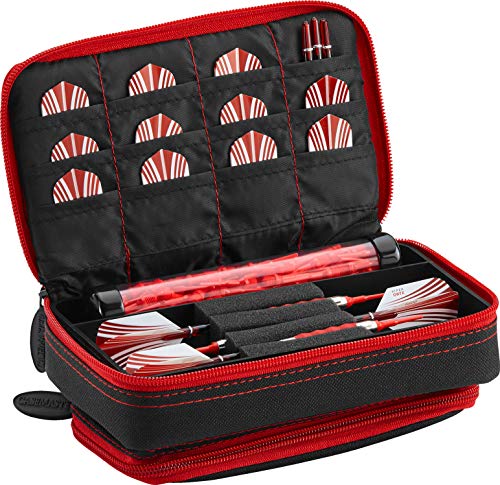 Casemaster Plazma Plus, 3 Dart Case for Soft and Steel Tip Darts Features Large Front Mobile Device Pocket, Built-in Storage Tube and Pockets for Flights, Tips, Shafts, and Personal Items - color: Ruby Trim