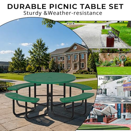 All-Weather Round Outdoor Picnic Table, Commercial Picnic Table Bench Set with Umbrella Hole, Thermoplastic Coated Metal Dining Tables for School, Stores, Park, Patio, Yard, Green - color: Green