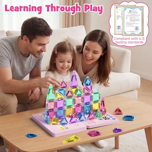 WMXDU 42-Piece Glitter Magnetic Tiles Travel Set with Pink Metal Box - Portable STEM Building Blocks for Kids Ages 3-8 Boys & Girls STEM Montessori Educational Toys for Airplane Car Rides - style: 42pcs-Pink