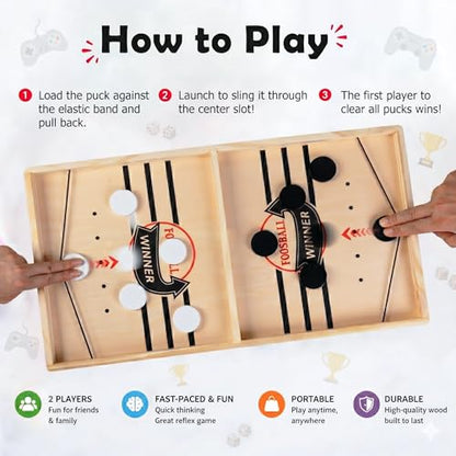 Fast Sling Puck Game, Wooden Air Hockey Board Game with 10 Spare Pucks & 2 Elastic Bands | 2 Player Table Fast-Paced Slingshot Games for Kids & Adults, Fun for Family Night or Friends Party