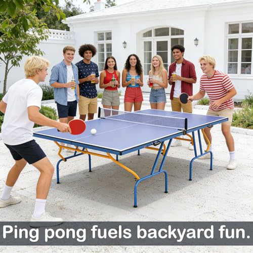 Generic Blue Folding Rolling Table Tennis Table Indoor and Outdoor Table Tennis Table, 2 Rackets, 3 Balls, 1 Net and 4 Wheels Set Behind It for Easy Movement
