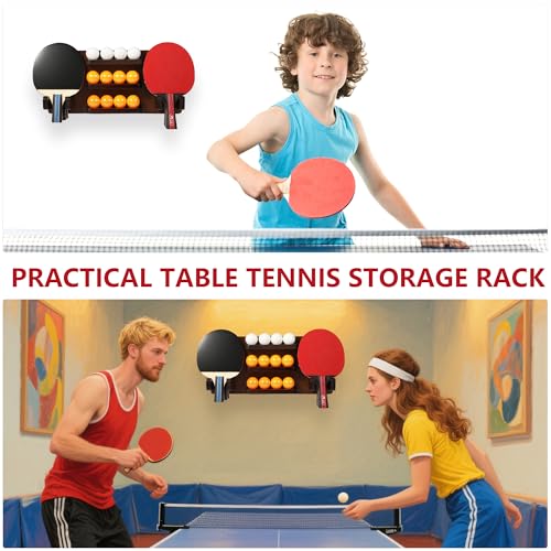 Ping Pong Paddle Holder, Ping Pong Paddle Storage Rack Wall Mounted Holds 8 Paddles and 12 Balls, Table Tennis Racket Display Organizer for Game Room,Home - color: Brown