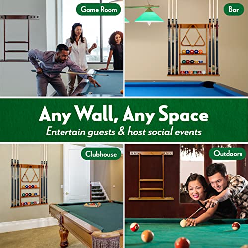 Pool Cue Rack - Billiard Pool Stick and Ball Holder Only - 100% Wood Wall Mount Holds 6 Cues and 16 Balls - Pool Table Accessories, Mahogany