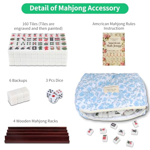Travel American Mahjong Tile Set, 166 PCS 0.8 Inch Mini Mahjong Game Tiles, 4 Wooden Racks, Floral Storage Bag, 3 Dice & Beginner's Guide, Complete Portable Set