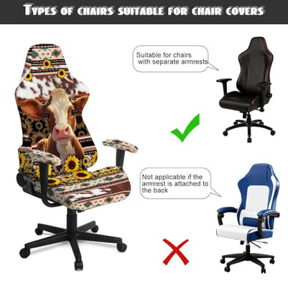 Aztec Tribal Gamer Chair Cover Set of 4 Cow Sunflower Print Computer & Gaming Chair Slipcover with 2 Armrest Covers for Ergonomic Game Rotating Office Chairs - color: Brown - Aztec Tribal Cow Sunflower