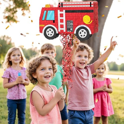 WERNNSAI Fire Truck Piñata - Firetruck Birthday Decorations Piñata for Boys Kids Firefighter Truck Theme Birthday Party Game Decorations Bundle with Blindfold and Bat - style: Fire Truck