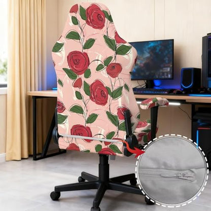 Suobstales Line Rose Flower Pattern Gaming Chair Cover with Armrest Covers Jacquard Computer Game Chair Slipcover with Attached Arms Cat Scratch Proof Washable Removable - color: Line Rose Flower