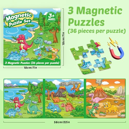 Kasfalci Magnetic Puzzles for Toddlers 3-5,36 Pieces Travel Puzzles Games for Kids,Airplane Car Road Trip Activities,Activity Books,Dino Dinosaur Magnet Toys for 3 4 5 6 Year Old Boys Birthday - color: Green