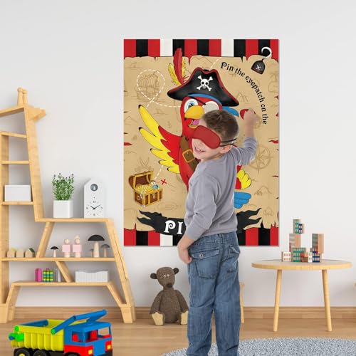 WERNNSAI Pin the Eyepatch on the Pirate - Pirate Birthday Party Supplies for Kids Boys Halloween Treasure Hunt Party Game 28" x 21" Parrot Poster with 24 Stickers and Blindfold - style: Pirate