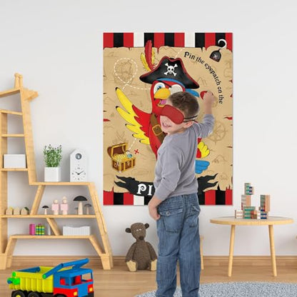 WERNNSAI Pin the Eyepatch on the Pirate - Pirate Birthday Party Supplies for Kids Boys Halloween Treasure Hunt Party Game 28" x 21" Parrot Poster with 24 Stickers and Blindfold - style: Pirate