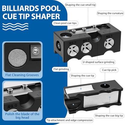 11-in-1 Billiards Pool Cue Tip Shaper, Pool Cue Tips Replacement Kit, Pool Cue Tips,Pool Cue Tip Tool for Replacement and Shaping Cue Tips - color: Black