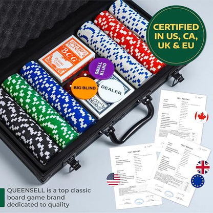 Queensell Poker Set with 300 Professional Weight Poker Chips for Texas Holdem – Poker Chip Set with Aluminum Carrying Case, Playing Cards, Dealer Buttons & Dice