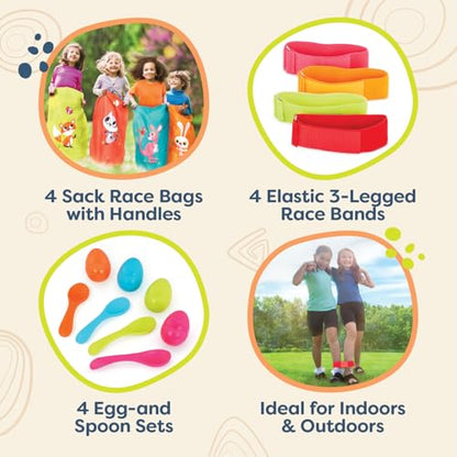 B. toys – 3 Outdoor Games for Kids – Racing Sacks & 3-Legged Race Bands – Egg-and-Spoon – Birthday Party Games – 5 Years + - style: Outdoor Racing Games