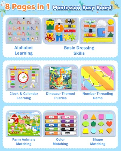 Gojmzo Busy Board Montessori Toys for Toddler Boy Girl Birthday Gifts, Busy Book Sensory Toys for Toddlers, Learning Educational Toddler Travel Activities - style: Grey/P8