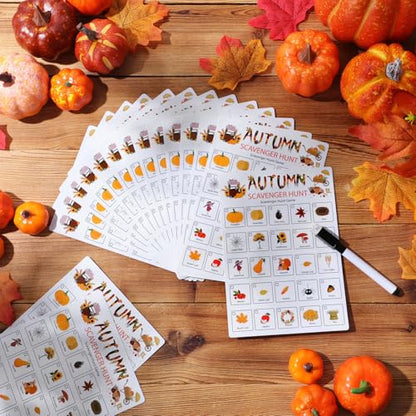 Hoolerry 30 Pcs Scavenger Hunt for Kids Road Trip Game Car Spring Summer Wedding Scavenger Hunt Cards Travel Activities Camping Games Outdoor Indoor Seek Activity for Kids Adults (Autumn) - style: Autumn