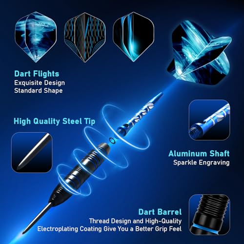 XAWU 3 Pack Steel Tip Darts Set Professional Darts 22g, 24g with 9 Dart Flights 3 Aluminum Shafts 3 Spare Shafts 1 Dart Sharpener 12 Rubber O-Rings Flight Protector and Darts Case - color: 22g Blue & Black
