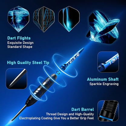 XAWU 3 Pack Steel Tip Darts Set Professional Darts 22g, 24g with 9 Dart Flights 3 Aluminum Shafts 3 Spare Shafts 1 Dart Sharpener 12 Rubber O-Rings Flight Protector and Darts Case - color: 22g Blue & Black