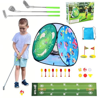 AOSITE Toddler Golf Set, 5 in 1 Kids Golf Set with 3 Golf Clubs, Putting Mat, 4-Sided Chipping Net, Golf Sport for Kid, Indoor Outdoor Kids Sticky Backyard Golf Games Toys Activitie Birthday Gift 3+