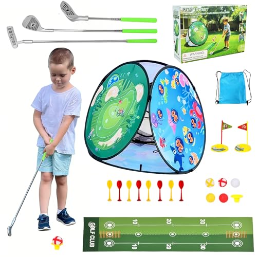 AOSITE Toddler Golf Set, 5 in 1 Kids Golf Set with 3 Golf Clubs, Putting Mat, 4-Sided Chipping Net, Golf Sport for Kid, Indoor Outdoor Kids Sticky Backyard Golf Games Toys Activitie Birthday Gift 3+