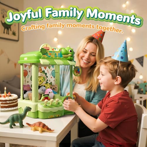 Dinosaur Claw Machine for Kids, Dino Arcade Prize Grabber with 20 Mini Plush Toys and 20 Capsules, 3-Lever Controls, Lights and Music, Gift for Ages 3 and Up - style: Dinosaur