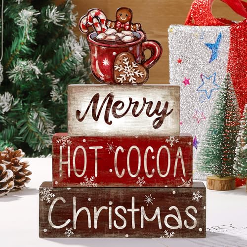 DIYDEC 4Pcs Christmas Wooden Tabletop Decoration Hot Cocoa Wooden Block Signs Gift Rustic Xmas Tiered Tray Decor Merry Christmas Centerpiece Sign Farmhouse Winter Table Home Party Decor - style: Hot Cocoa