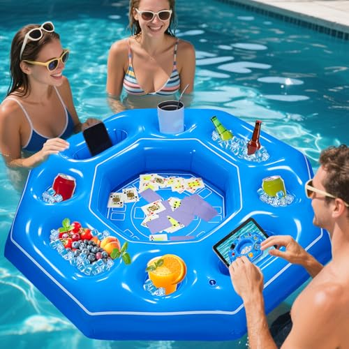 Octagonal Inflatable Game Table with Waterproof Playing Cards, Inflatable Pool Bar Games for Adults, Floating Portable Bar Table Tray for Hot Tub or Pool Beach Party - color: Blue