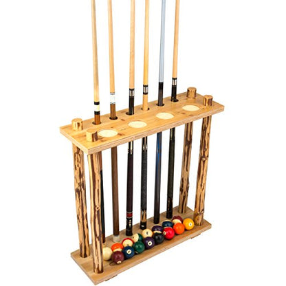 Rush Creek Creations Rustic Pine Billiard Pool Cue Rack for up to 6 Cues and 16 Billiard Balls, Floor Standing Pool Stick Holder with Cup Holders