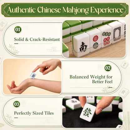 Professional Traditional Chinese Mahjong Set, 30 mm 146 Sturdy Plastic Tiles with Dice, Wind Indicator & Green Felt Case for Authentic Hong Kong Mahjong Gameplay